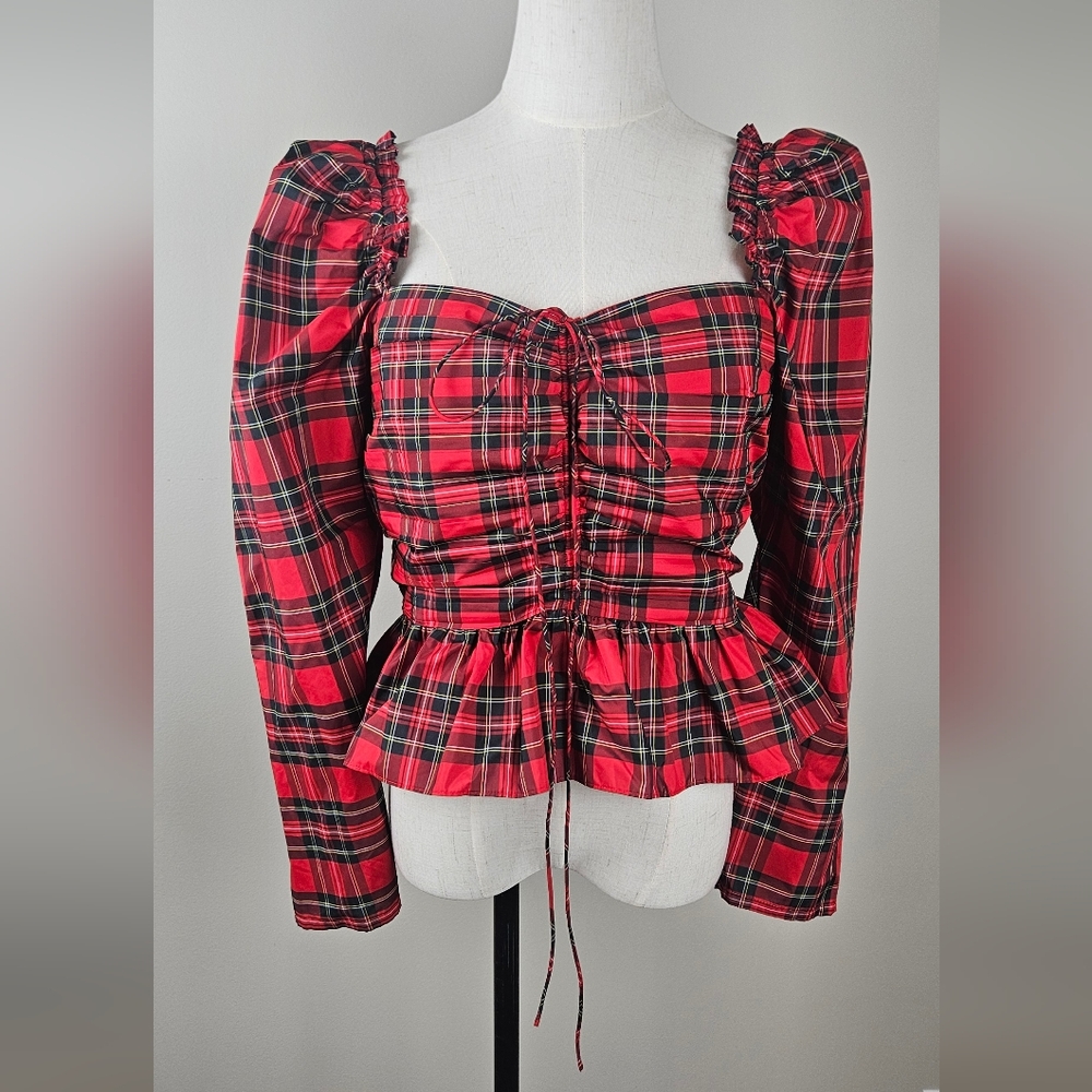 NWT Antonio Melani Elvira Tie Front Square Neck Long Sleeve Top:Red Plaid Tartan